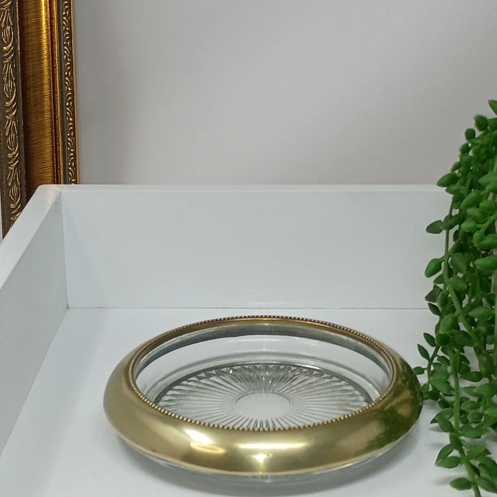 Champagne Bottle Coaster/Glass Trinket Dish with Gold Tone Rim